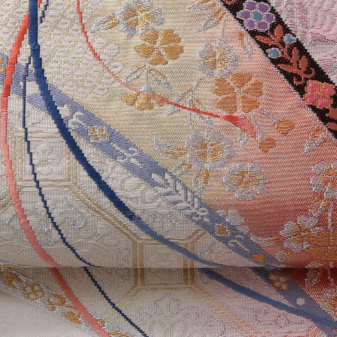 振袖用 袋帯 帯丈424cm 正絹 全通 扇面文 組紐 吉祥文様 赤系 金系 1243-01955
