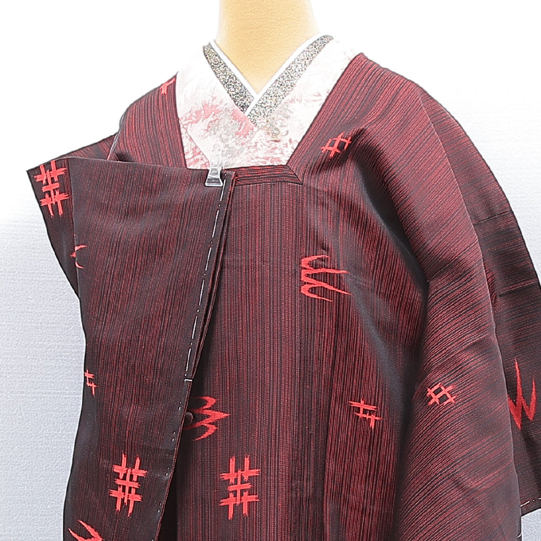 道行コート 単衣 身丈131cm 裄丈65cm 正絹 Sランク Mサイズ ポケットあり 井桁絣 赤系 RP 1237-16801