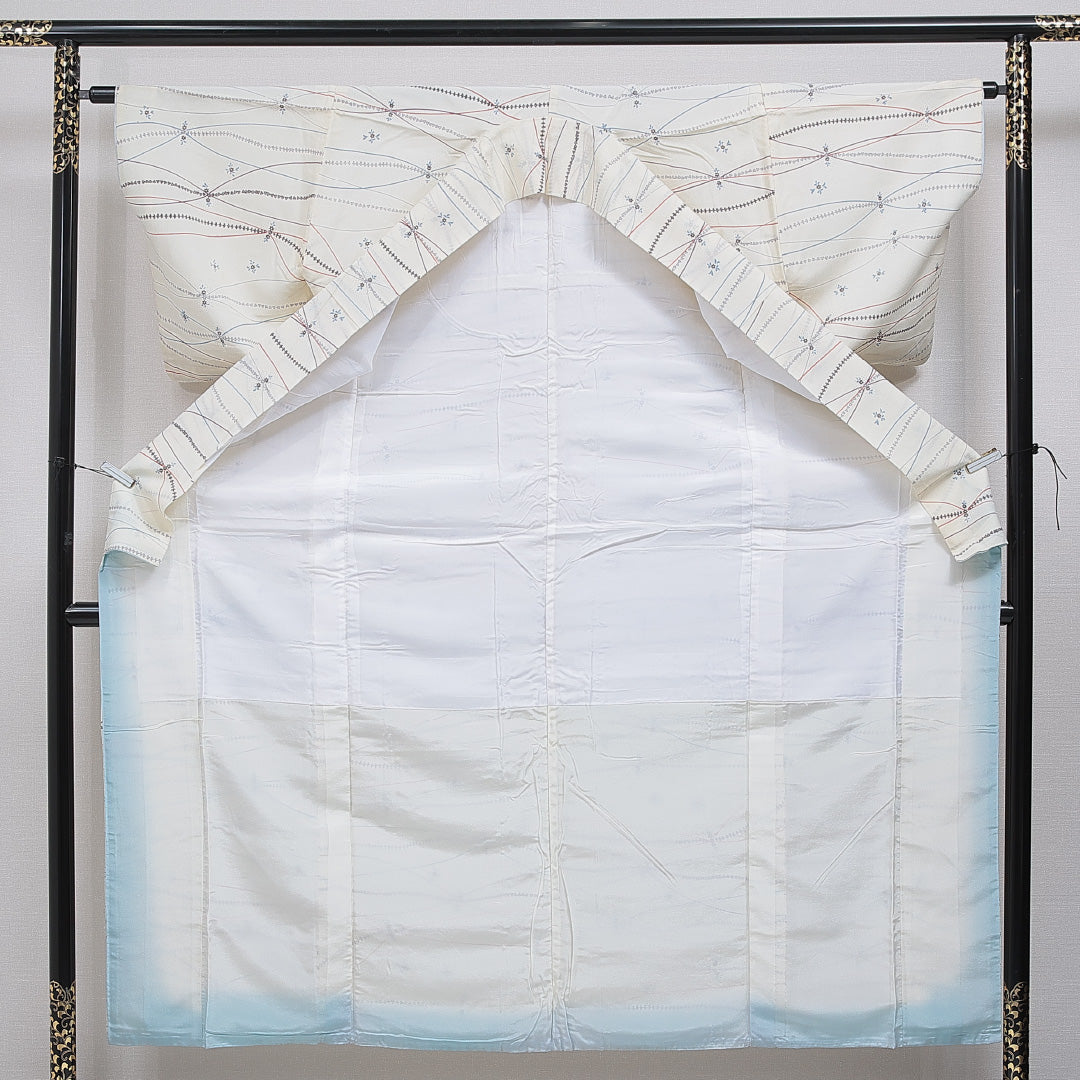 小紋 洗える着物 袷 身丈155cm 裄丈67cm ポリエステル Cランク Mサイズ 広衿 インフォーマル 花柄 クリーム系 1215-16095