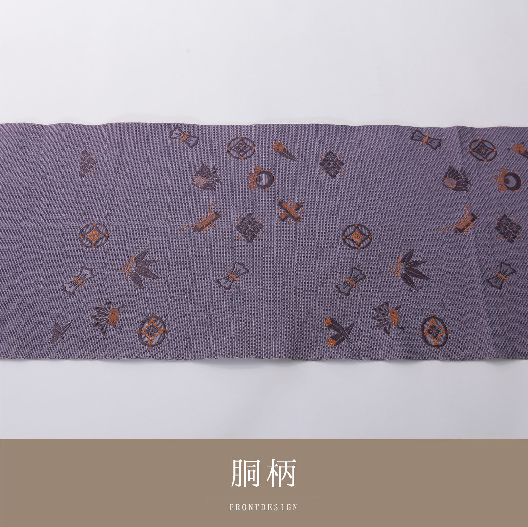 九寸名古屋帯 帯丈364cm カジュアル 開き仕立て 全通 Aランク 正絹 巻物 笹 紫系 1224-03277