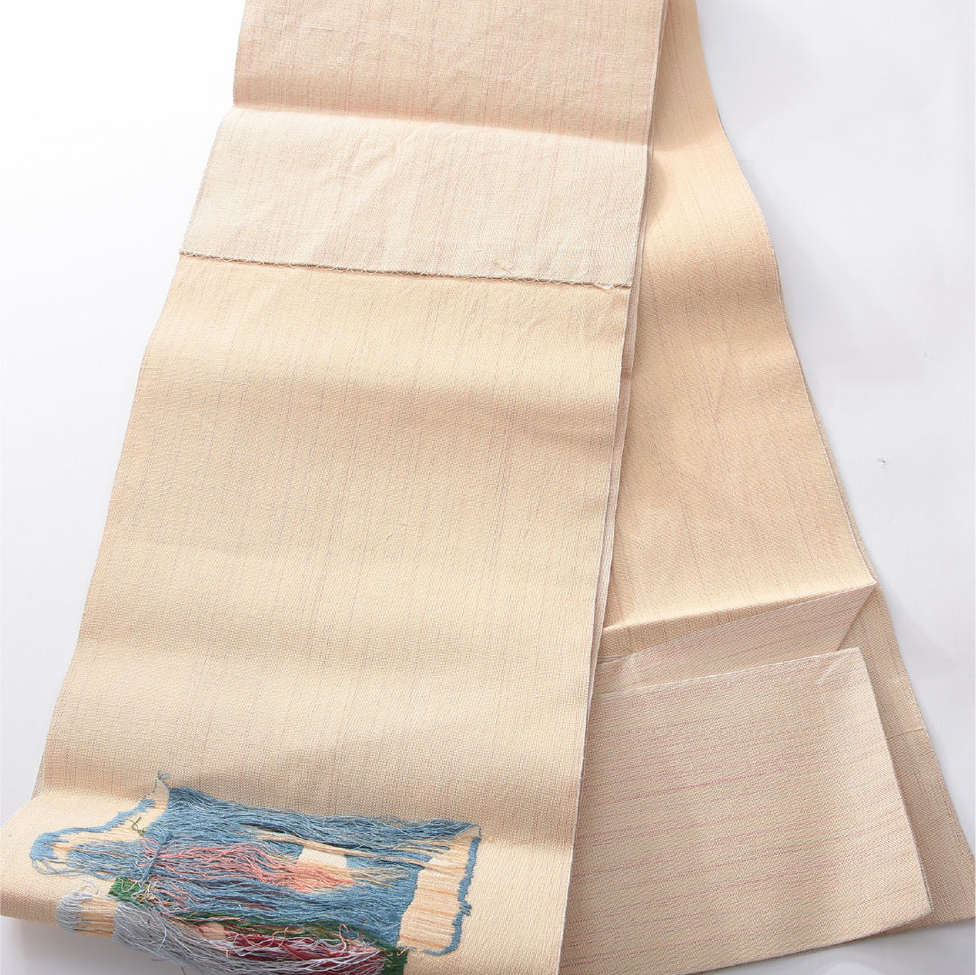 八寸名古屋帯(紬) 帯丈350cm カジュアル 松葉仕立て ポイント柄 Cランク 正絹 抽象柄 クリーム系 1224-03925