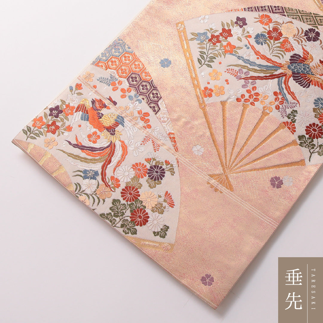 袋帯 帯丈424cm 正絹 六通 フォーマル 扇面文 鳳凰 金系 ピンク系 1243-01794