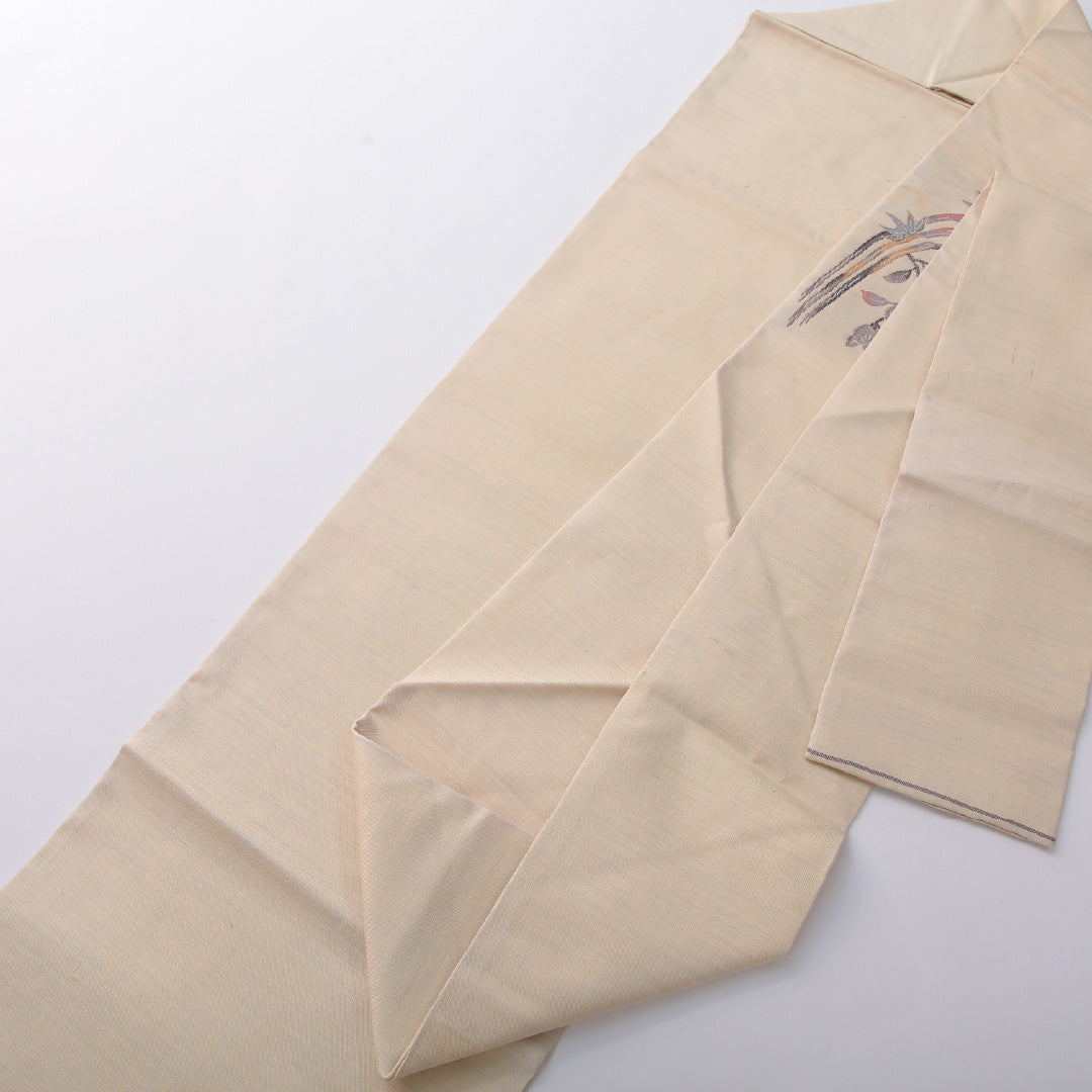 九寸名古屋帯 帯丈350cm セミフォーマル 名古屋仕立て ポイント柄 Cランク 正絹 蝶 流水 花柄 クリーム系 1224-03608