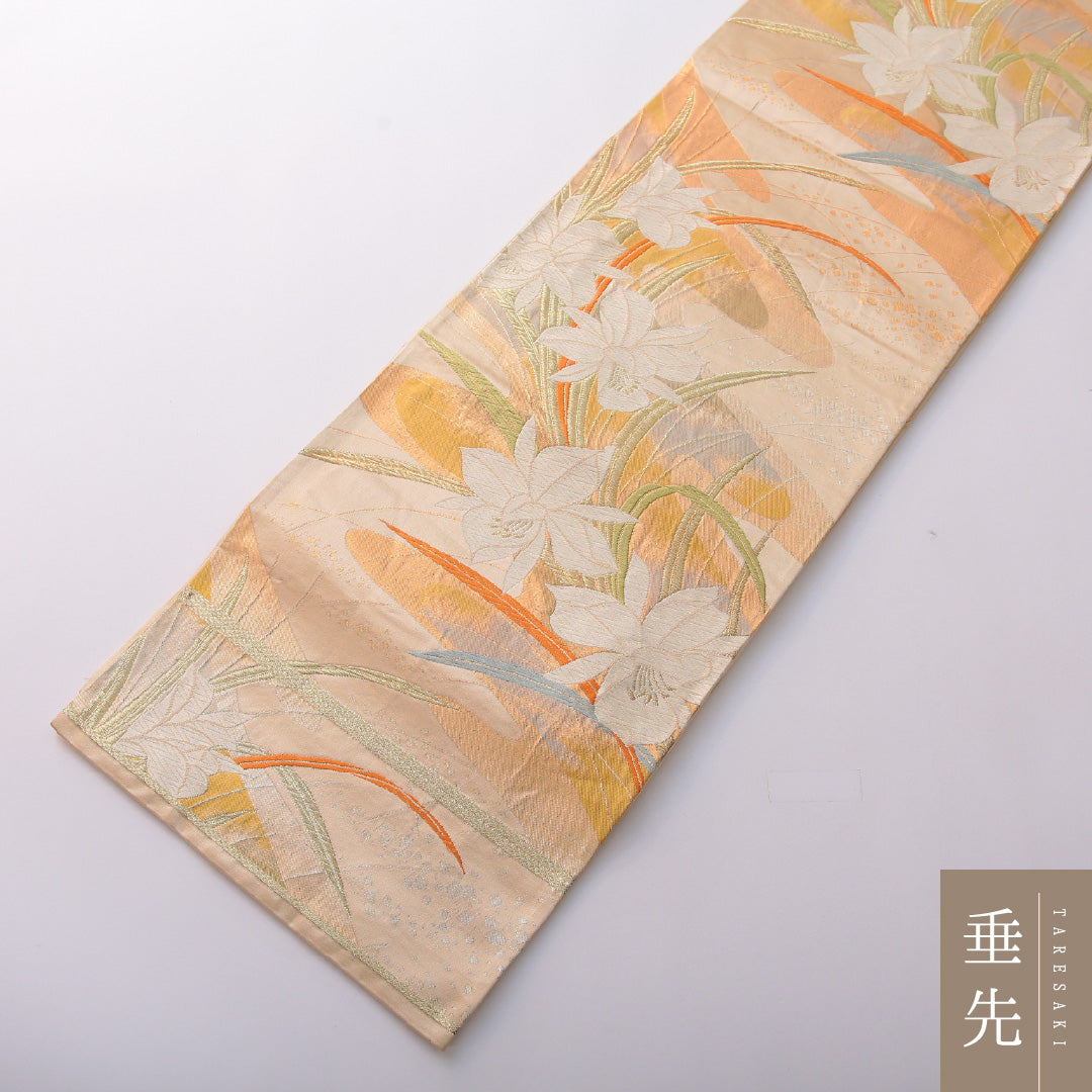 袋帯 帯丈428cm フォーマル 六通 Aランク 正絹 水仙 クリーム系 1223-01978