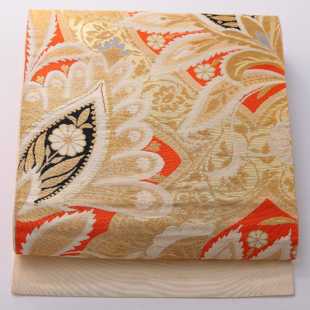 アンティーク 袋帯 帯丈412cm 六通 未仕立て 帯芯なし Cランク 正絹 植物柄 金系 1223-01991