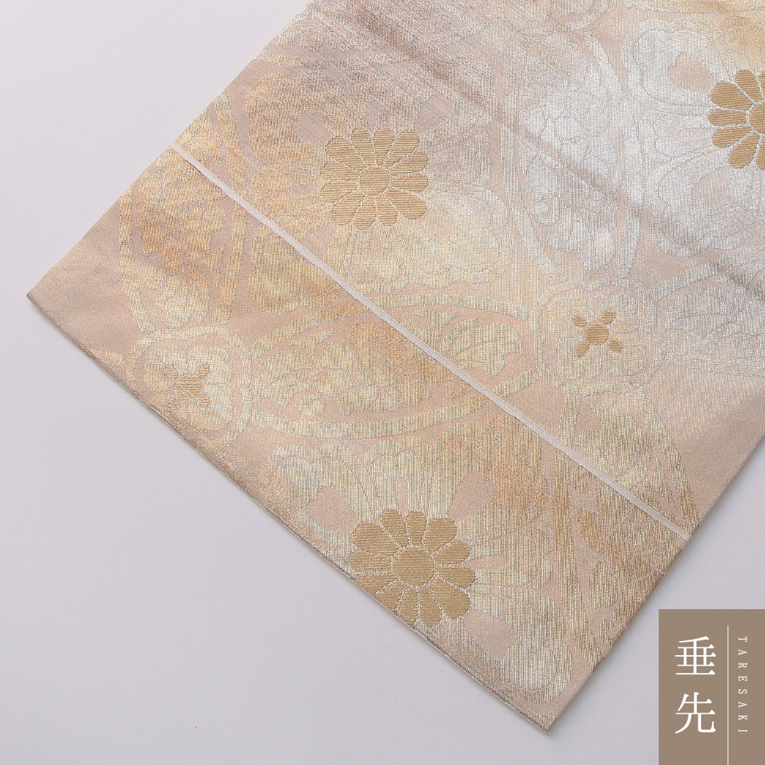 九寸名古屋帯 帯丈340cm セミフォーマル 名古屋仕立て 六通 Aランク 正絹 花菱 金系 1224-03205