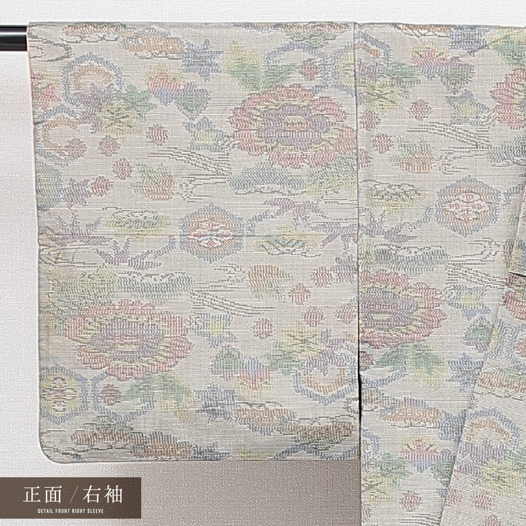 村山大島紬 袷 身丈146cm 裄丈60cm 正絹 Bランク インフォーマル 広衿 XSサイズ 吉祥文様 グレー系 RP 1223-15018