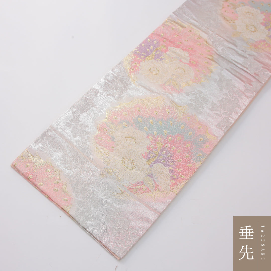 袋帯 帯丈428cm 正絹 六通 帯芯なし フォーマル 佐賀錦 孔雀 銀系 1243-02315