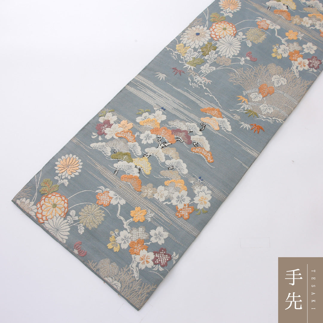 アンティーク 丸帯 帯丈414cm 正絹 全通 四季草花 水色系 グレー系 1242-02201