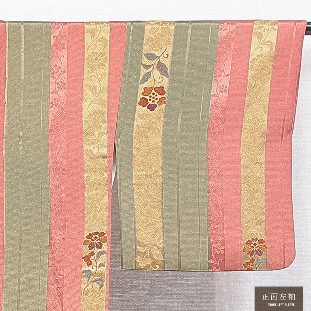 道行コート 袷 身丈91cm 裄丈65cm 正絹 Sランク カジュアル Mサイズ 織り出し ポケットあり 花柄 緑系 RP 1237-16804