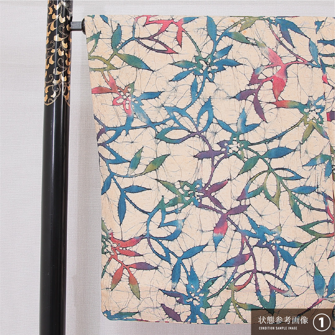 羽織 袷 身丈72cm 裄丈65cm 正絹 Aランク Mサイズ カジュアル 紐あり 植物柄 クリーム系 1217-15121