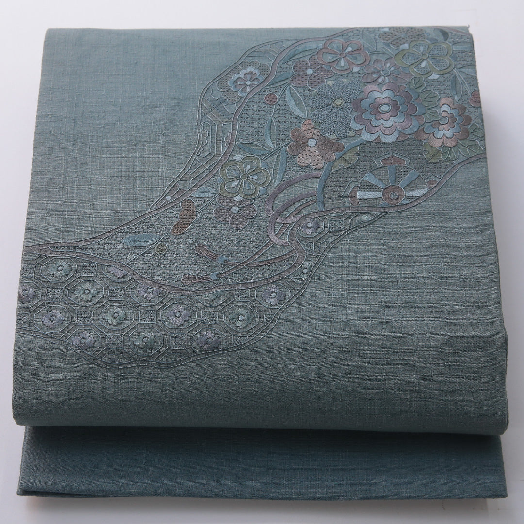 袋帯 帯丈456cm フォーマル ポイント柄 Bランク 正絹 汕頭刺繡 菊 青系 緑系 1223-02067