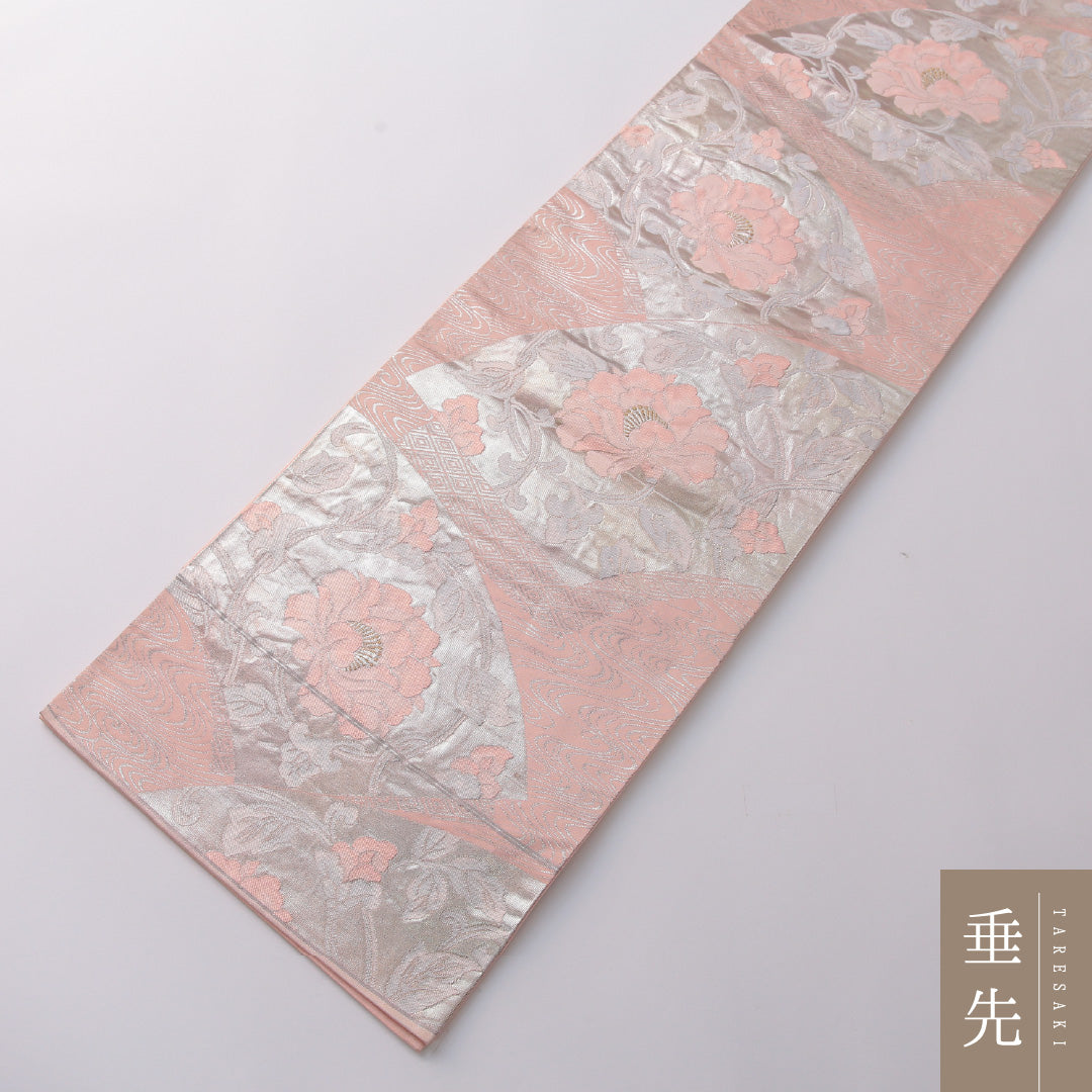 袋帯 帯丈424cm 正絹 六通 フォーマル 扇面文 唐草牡丹 銀系 ピンク系 1243-01958