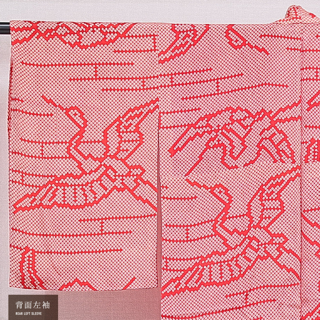 アンティーク 羽織 袷 身丈124cm 裄丈61cm 正絹 Aランク Sサイズ 鹿の子 鶴 赤系 1217-16186