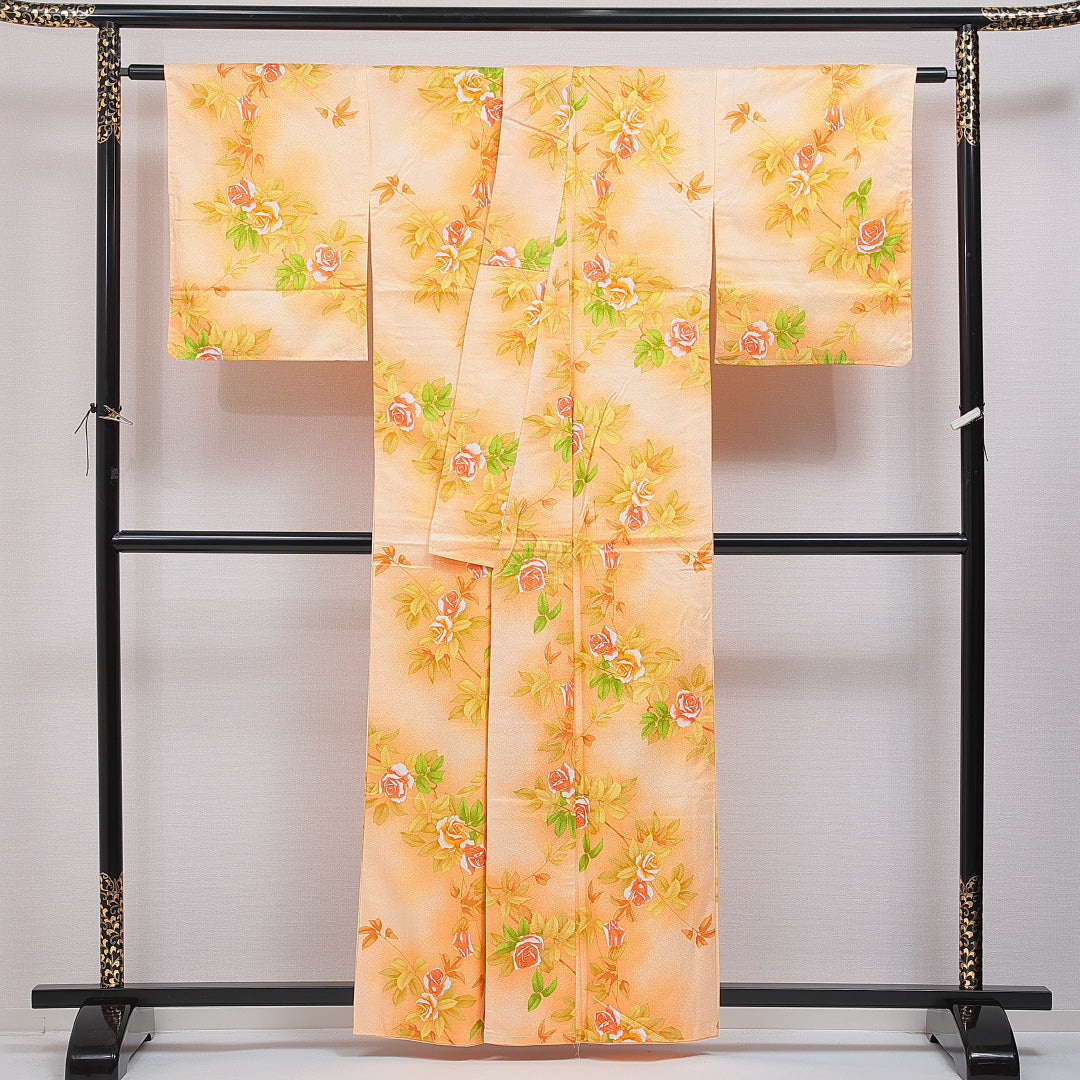 洗える着物 小紋 袷 身丈160cm 裄丈64cm ポリエステル Bランク インフォーマル 広衿 Lサイズ 薔薇 朱系 HP 1221-16382