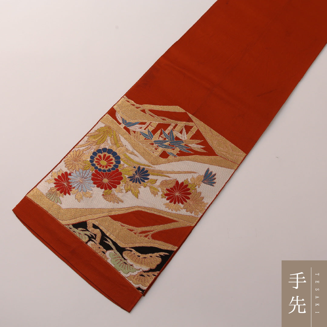 袋帯 帯丈400cm フォーマル 六通 未仕立て 帯芯なし Cランク 正絹 菱 菊 笹 朱系 金系 1223-01902