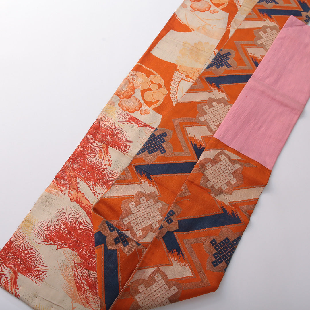 アンティーク 九寸名古屋帯 帯丈368cm 名古屋仕立て 全通 Bランク 正絹 創作柄 朱系 1224-03598