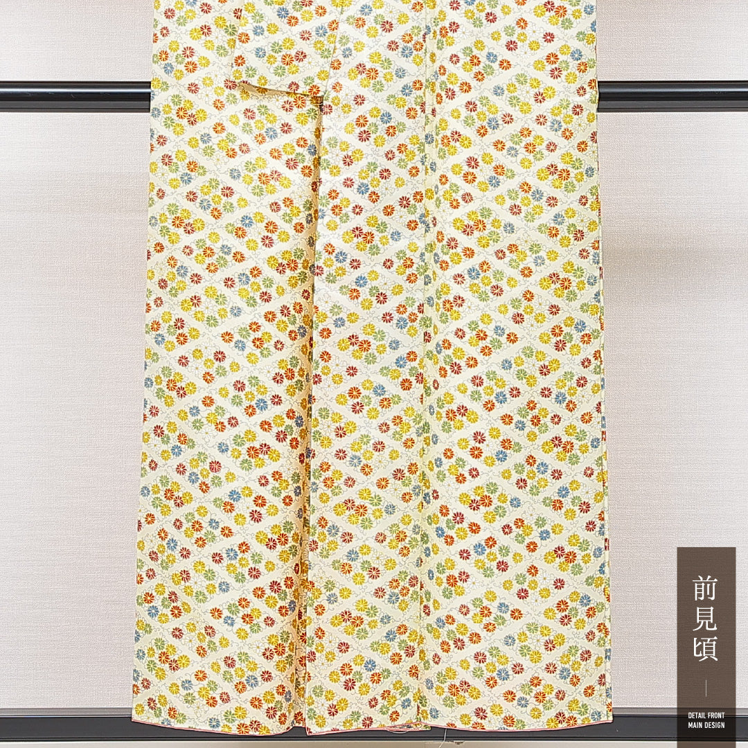 小紋 袷 身丈152cm 裄丈62cm 正絹 Sランク Sサイズ 広衿 インフォーマル 唐菊 クリーム系 1215-15104