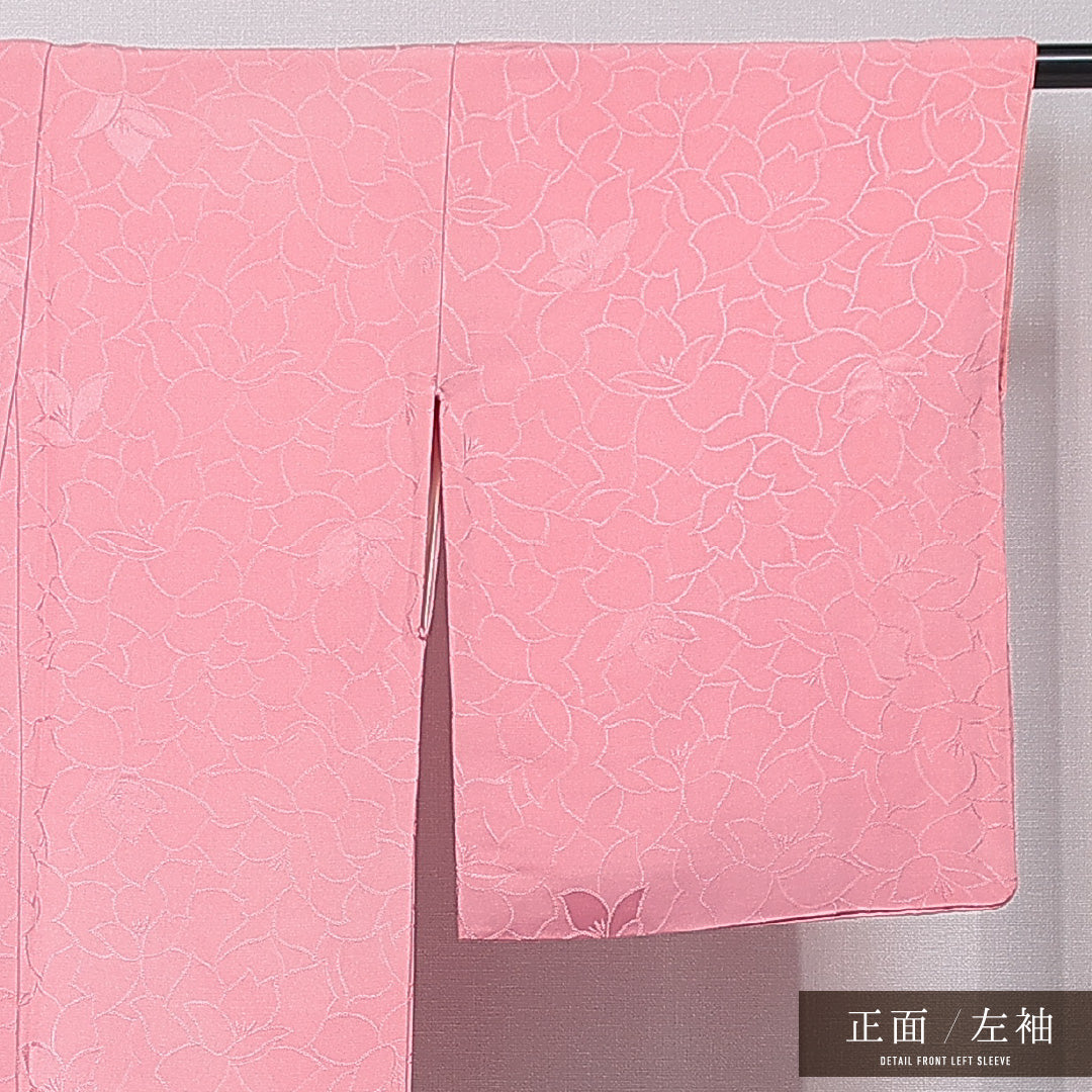 色無地 袷 身丈160cm 裄丈63cm 正絹 Aランク 一つ紋 (五三桐) 紋意匠 (花柄) セミフォーマル 広衿 Lサイズ 織り出し ピンク系 RP 1219-15779