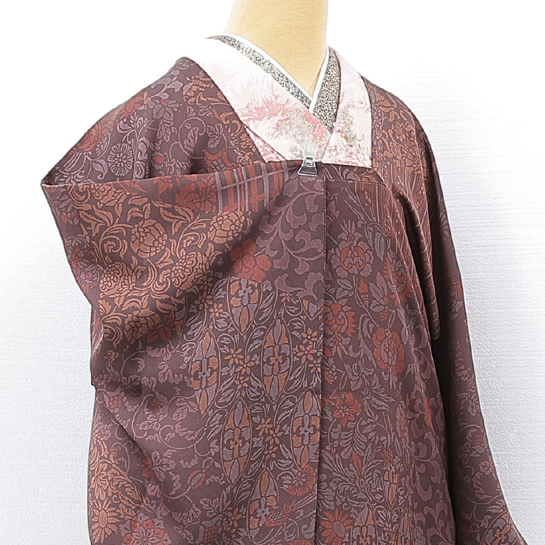 道行コート 袷 身丈86cm 裄丈66cm 正絹 Sランク Mサイズ フォーマル ポケットあり 唐草 縞 紫系 1263-15136