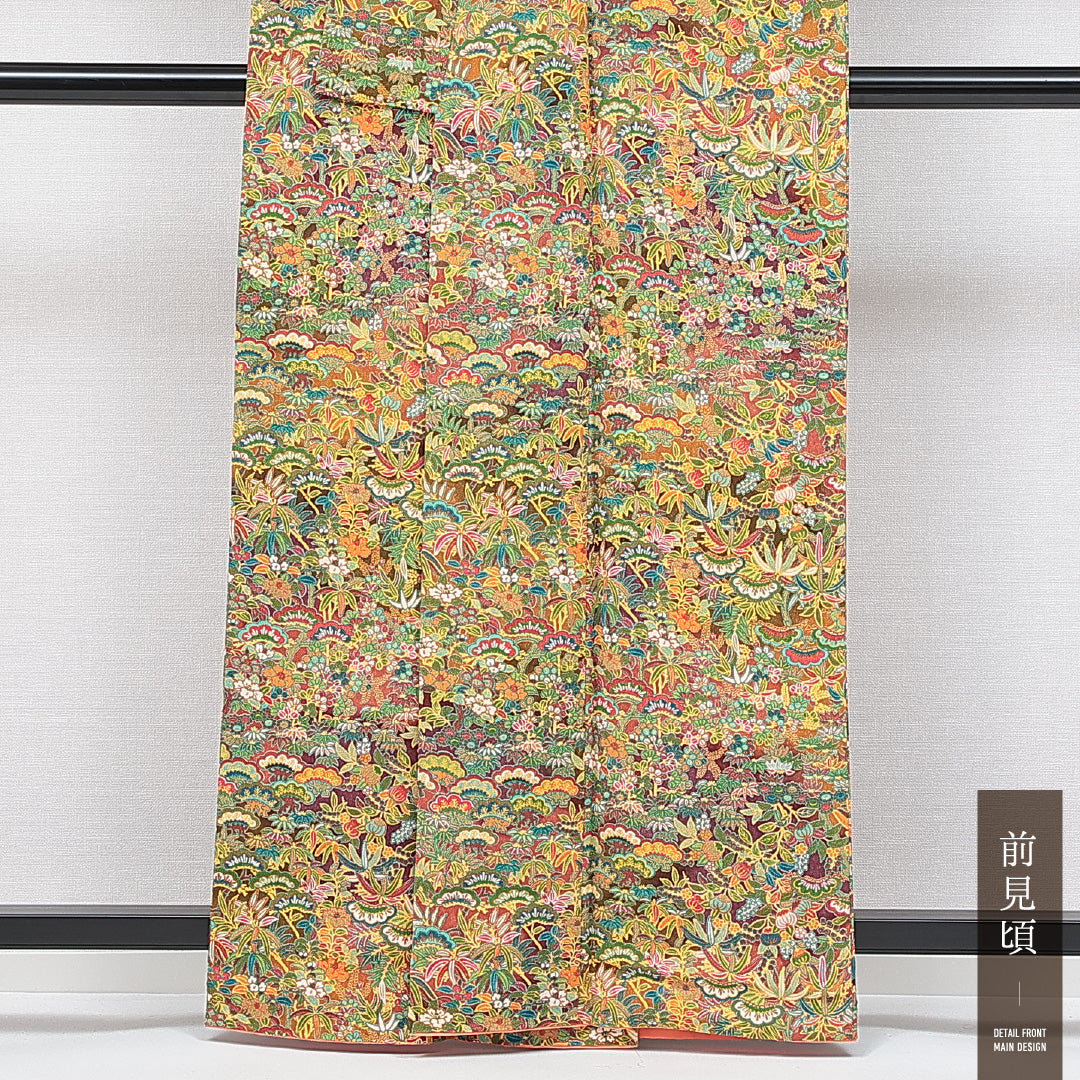 小紋 袷 身丈161cm 裄丈62cm 正絹 Sランク インフォーマル 広衿 Lサイズ 橘 笹 多色系 RP 1221-15016