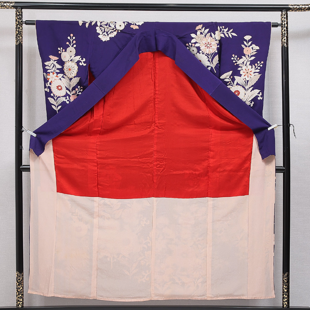 アンティーク 訪問着 袷 身丈156cm 裄丈61cm 正絹 Bランク Mサイズ 広衿 花柄 金彩 紫系 1212-15973