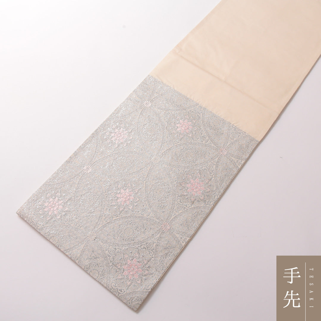 袋帯 帯丈420cm 正絹 六通 フォーマル 宝相華 唐草華文 七宝 銀系 1243-01843