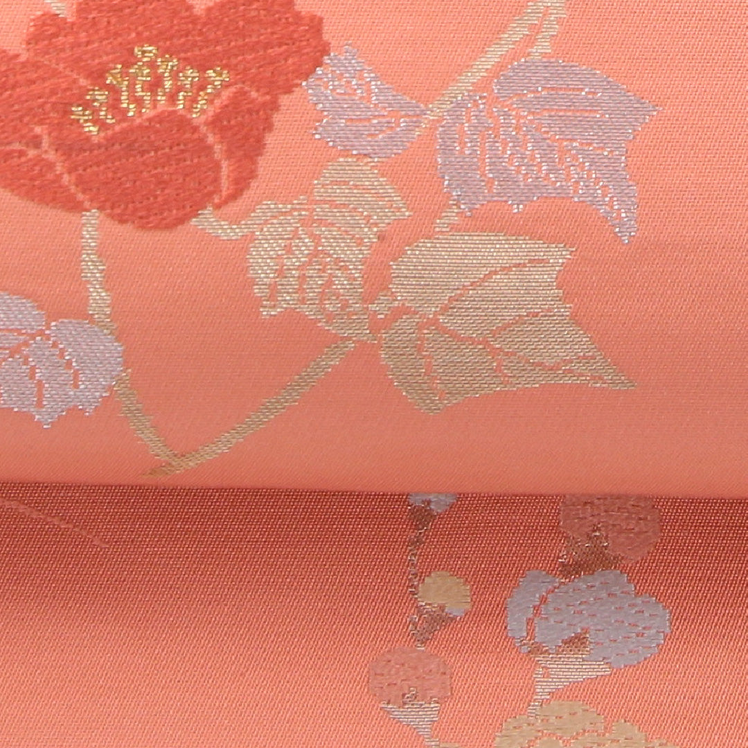 未使用品 九寸名古屋帯 Nランク 帯丈354cm 正絹 六通 名古屋仕立て 織り インフォーマル 花柄 朱の混ざったピンク系 RP 1245-04152
