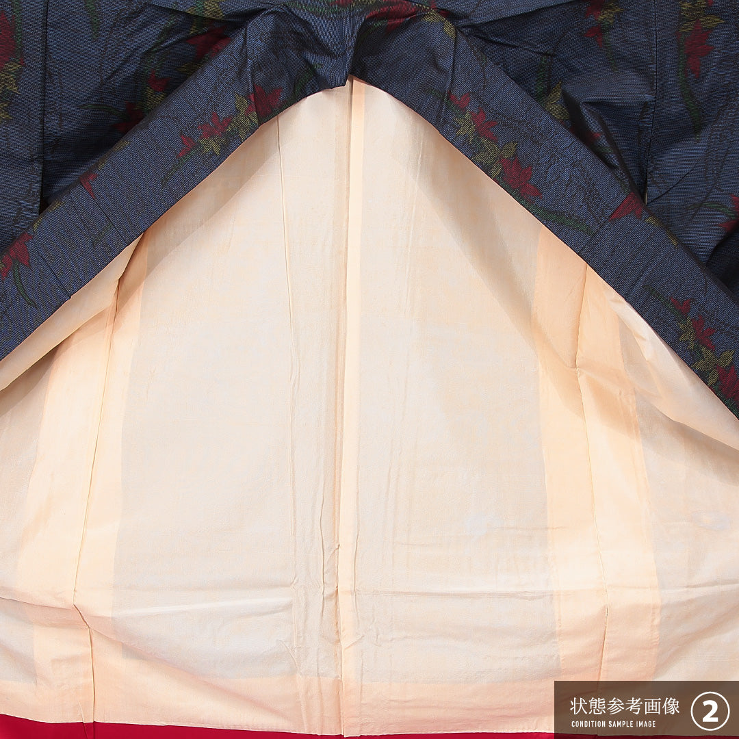 大島紬 袷 身丈159cm 裄丈65cm 正絹 Aランク インフォーマル 広衿 Mサイズ 花柄 紺系 RP 1223-15038