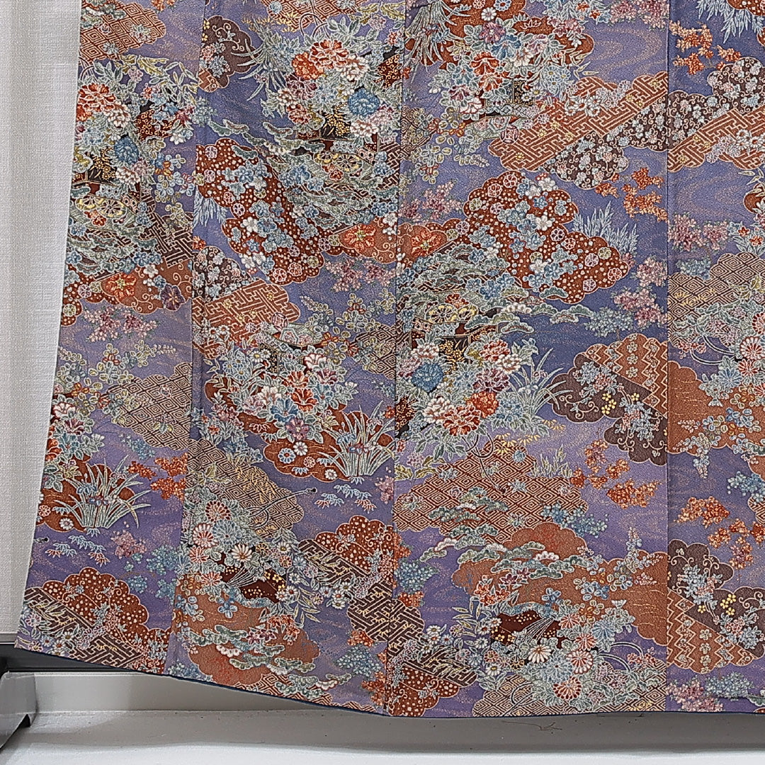 小紋 袷 身丈161cm 裄丈64cm 正絹 Sランク インフォーマル 広衿 Lサイズ 吉祥文様 紫系 RP 1221-15551