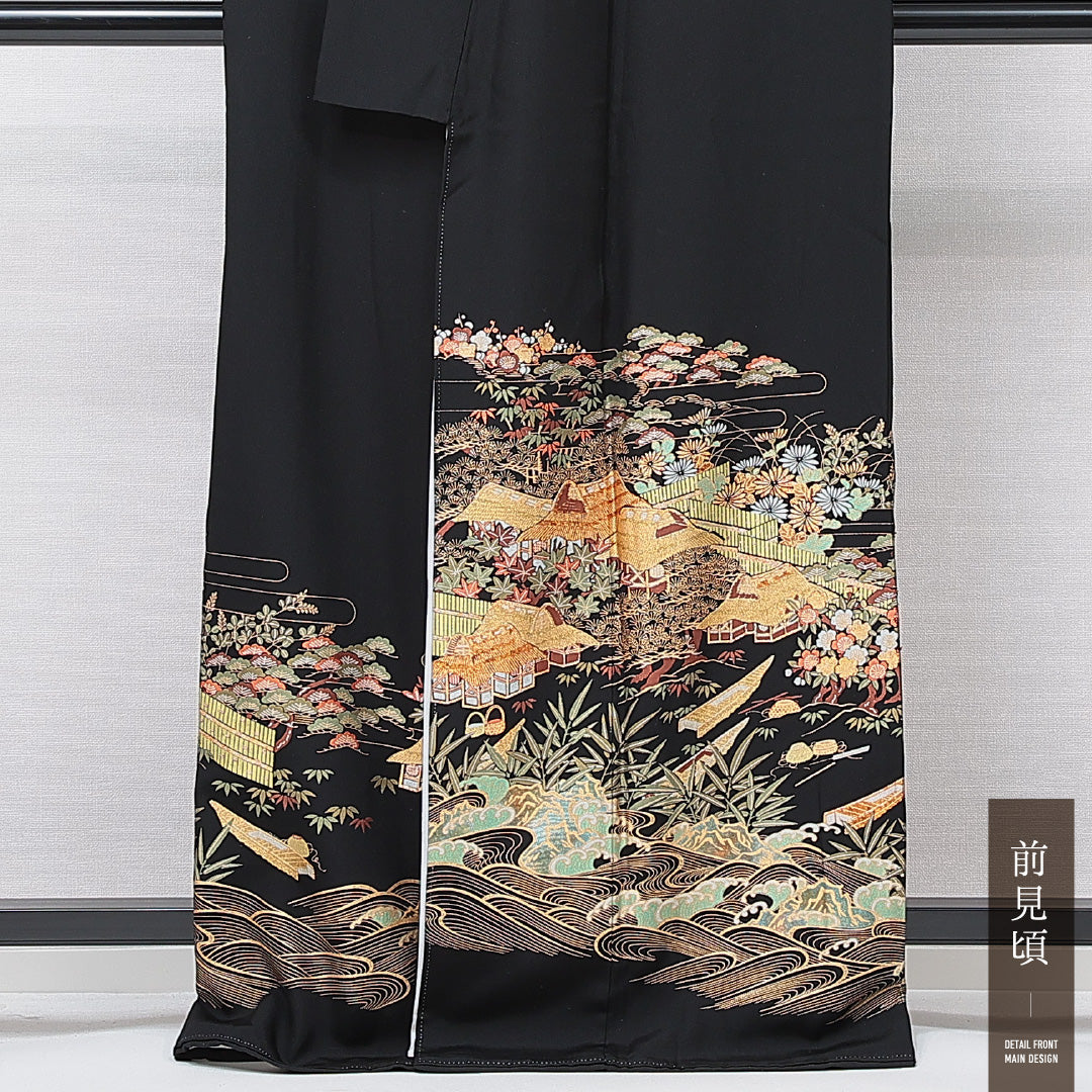 黒留袖 袷 身丈164cm 裄丈66cm 五つ紋 上がり藤 フォーマル Aランク Lサイズ 正絹 比翼仕立て 広衿 御所解 梅 松 1211-F0654