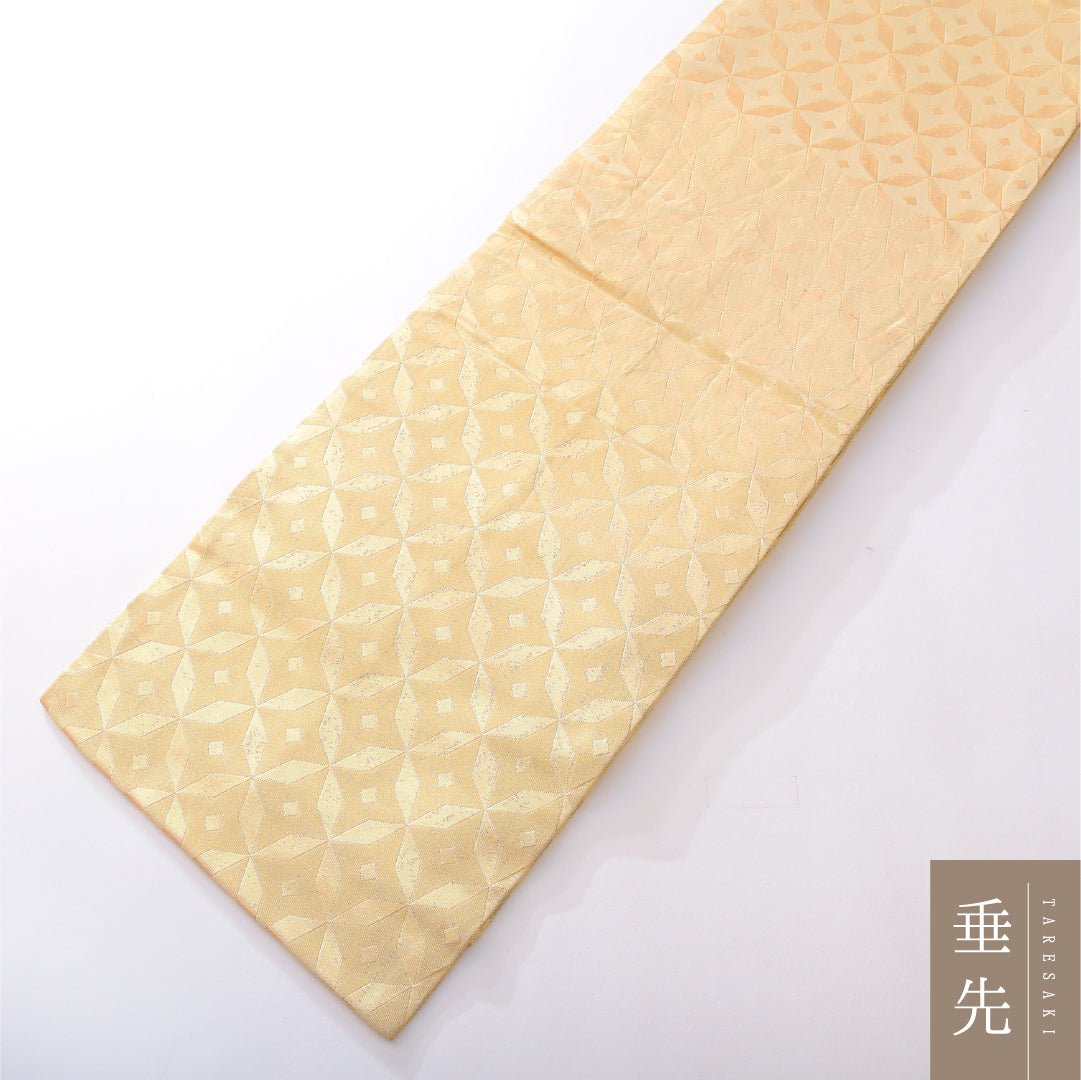 九寸名古屋帯 帯丈392cm カジュアル 開き仕立て 全通 Aランク 正絹 幾何学柄 金系 1224-03831