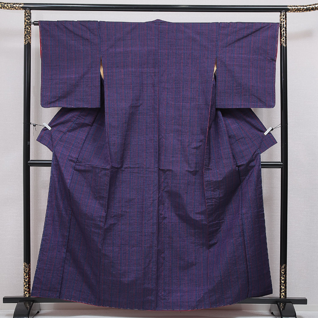 紬 袷 身丈160cm 裄丈65cm 正絹 Aランク カジュアル 広衿 Lサイズ 縞 紺系 RP 1223-16652