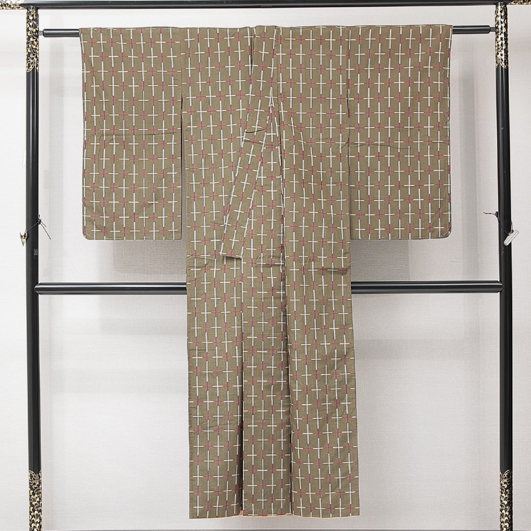 紬 袷 身丈145cm 裄丈60cm 正絹 Bランク XSサイズ バチ衿 カジュアル 格子 緑系 1216-15234