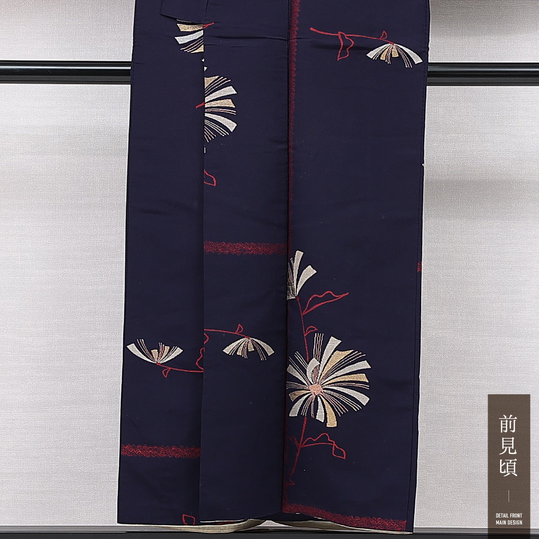 アンティーク お召 袷 身丈150cm 裄丈62cm 正絹 Dランク Sサイズ バチ衿 菊 紫系 1265-15042
