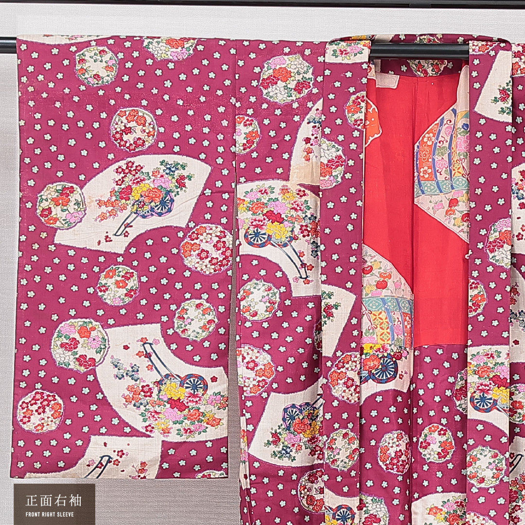 アンティーク 羽織(紬) 袷 身丈93cm 裄丈63cm 正絹 Cランク Sサイズ 後染め 扇 牡丹 紫系 1217-15324