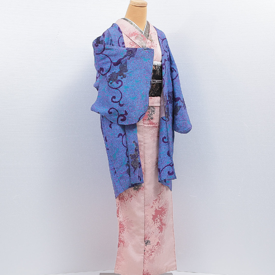 アンティーク 洗える着物 木綿の羽織 袷 身丈91cm 裄丈62cm 木綿 Bランク Sサイズ 唐草 唐獅子 青系 RP 1232-16120