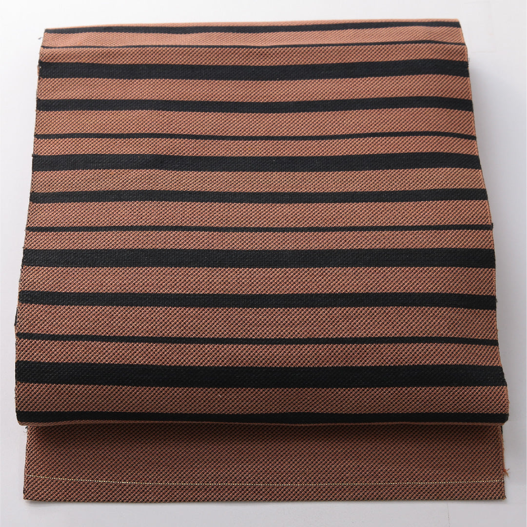 八寸名古屋帯 帯丈340cm カジュアル 開き仕立て 全通 未仕立て Sランク 正絹 博多織 縞 朱系 1224-03821