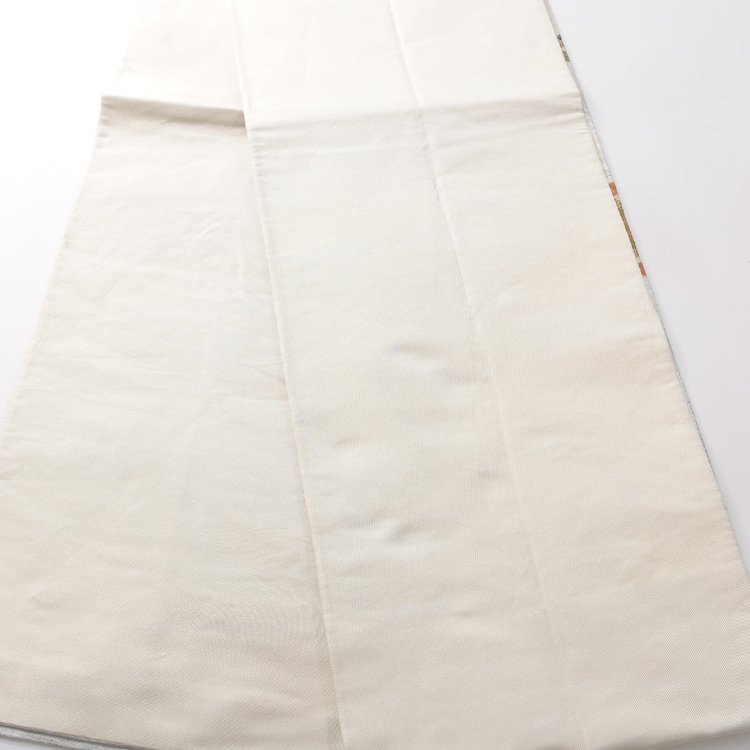 袋帯 帯丈440cm フォーマル 六通 帯芯なし Cランク 正絹 宝相華 雲取り クリーム系 銀系 1223-02132