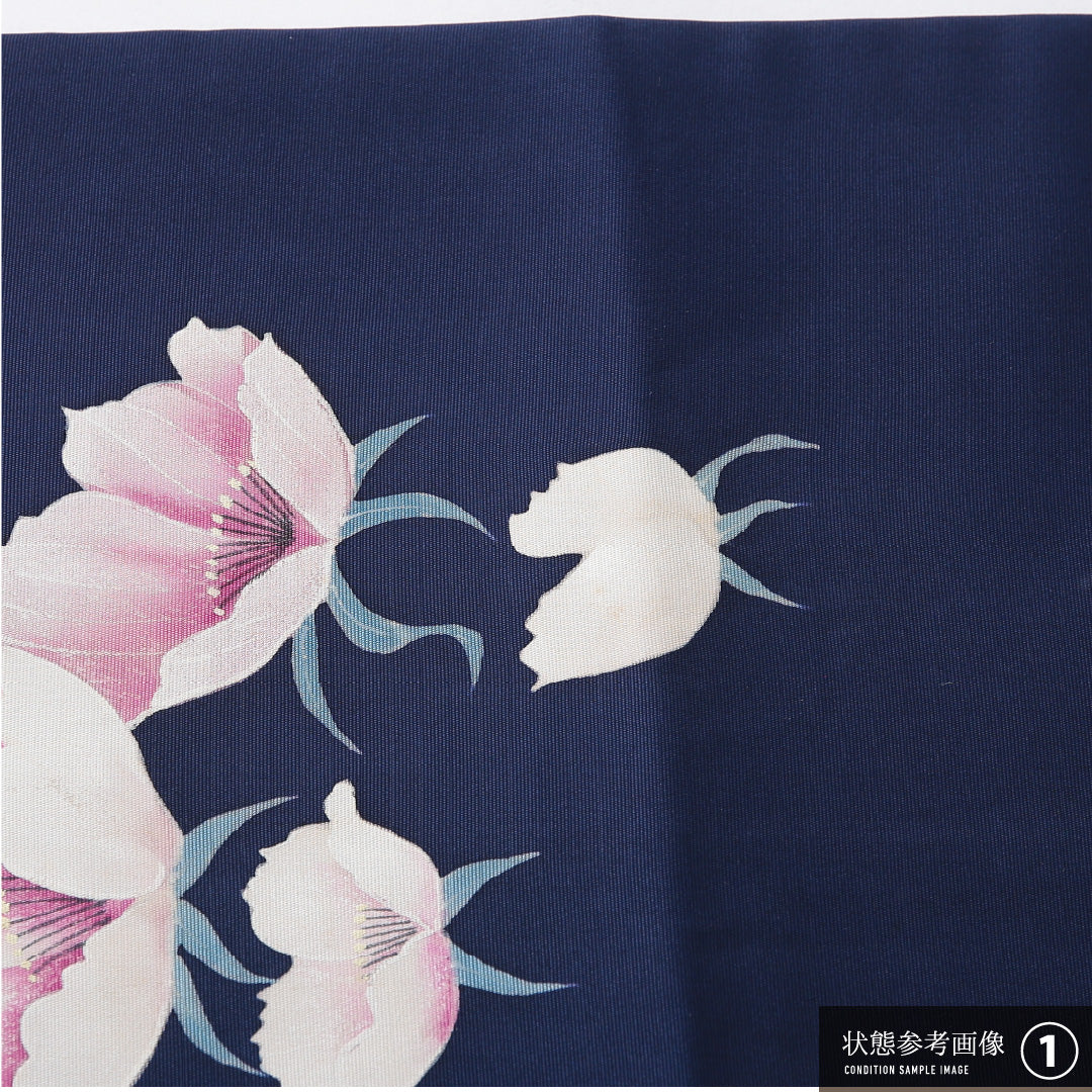 九寸名古屋帯 帯丈349cm インフォーマル 名古屋仕立て ポイント柄 Bランク 正絹 塩瀬 芙蓉 紺系 1224-03899