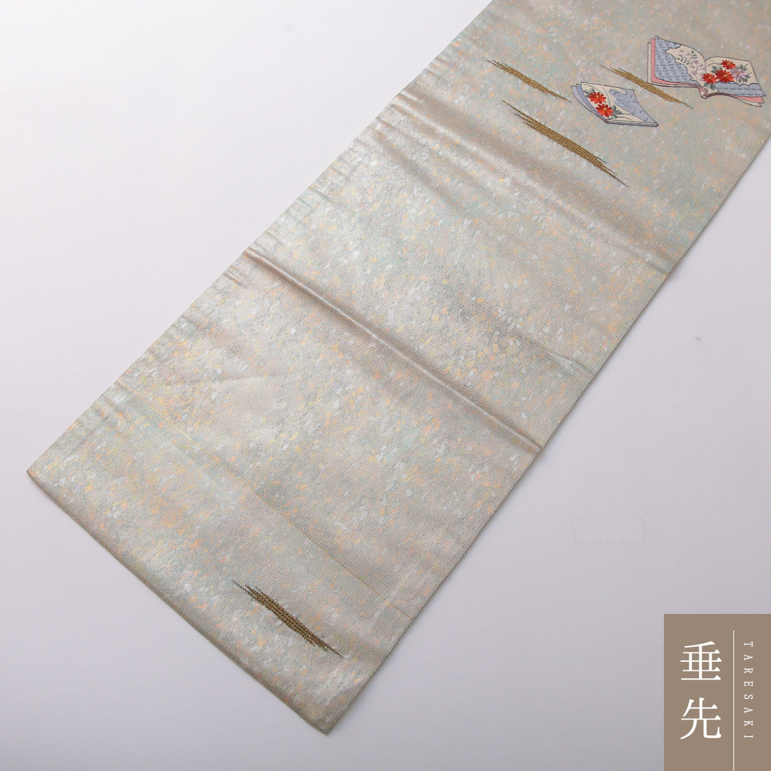 九寸名古屋帯 帯丈358cm セミフォーマル 名古屋仕立て ポイント柄 Sランク 正絹 本 花柄 銀系 1224-03478