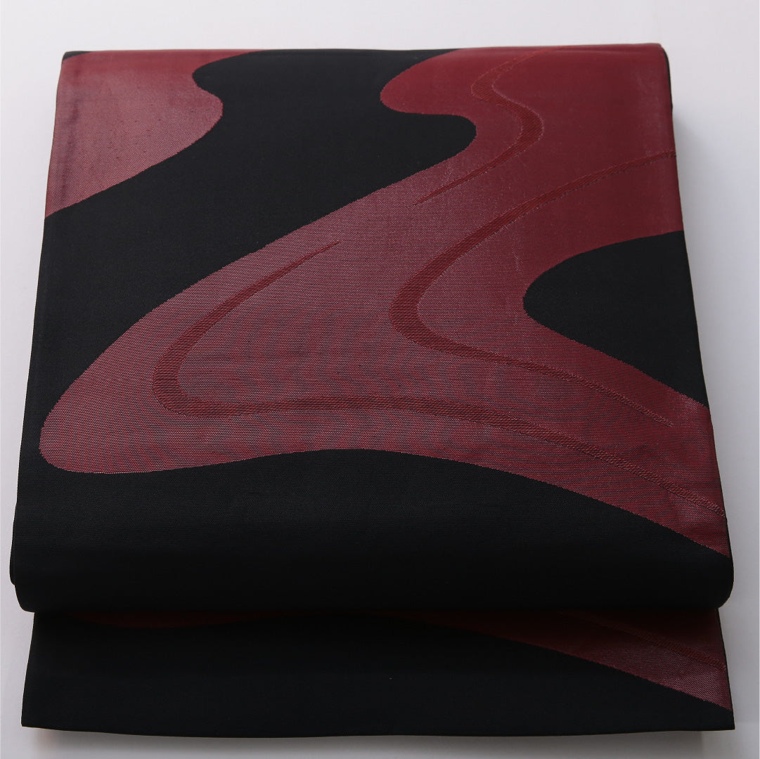 九寸名古屋帯 帯丈370cm カジュアル 開き仕立て 六通 Aランク 正絹 流水 黒系 1224-03513