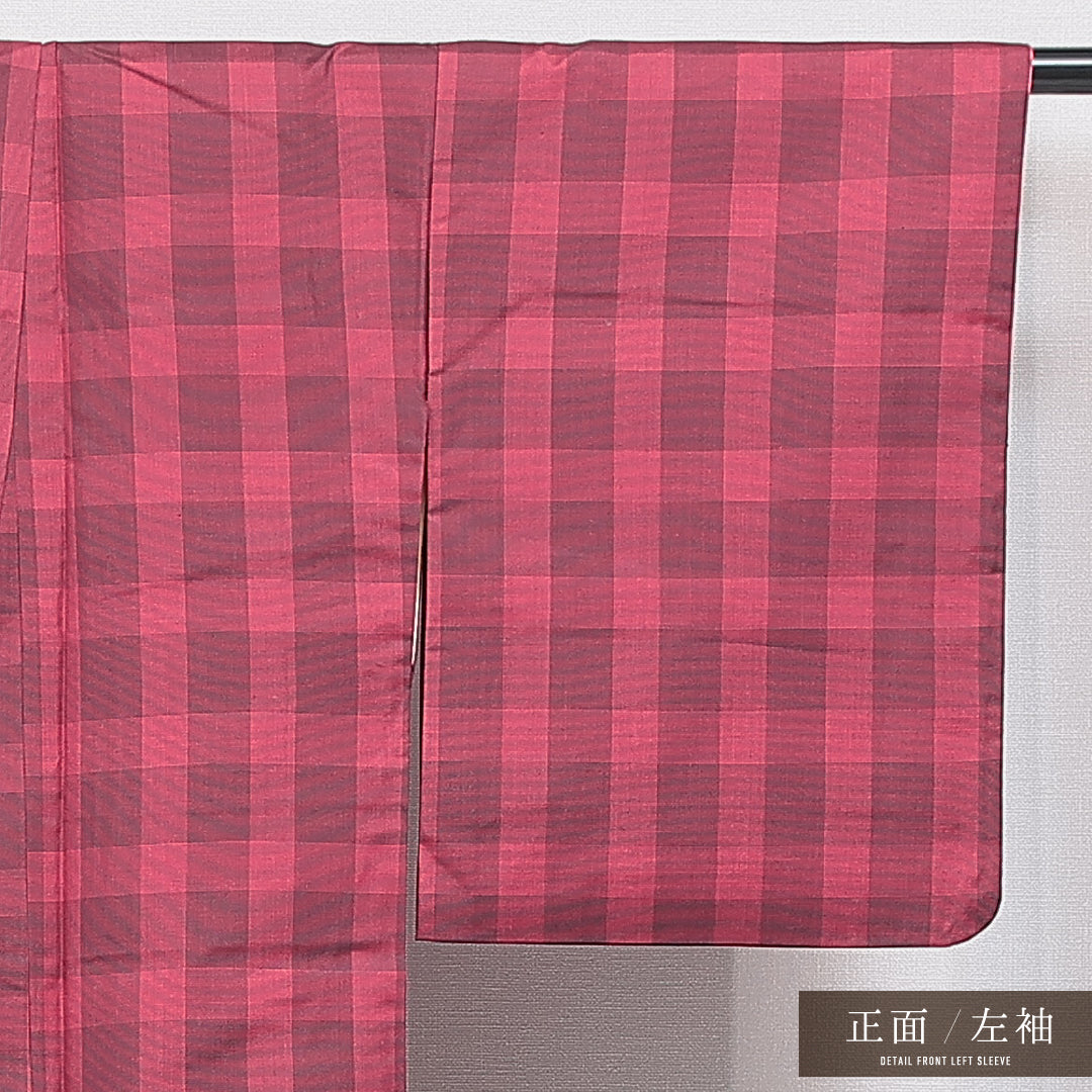 紬 袷 身丈147cm 裄丈62cm 正絹 Cランク カジュアル 広衿 XSサイズ 格子 赤系 LP 1223-16419