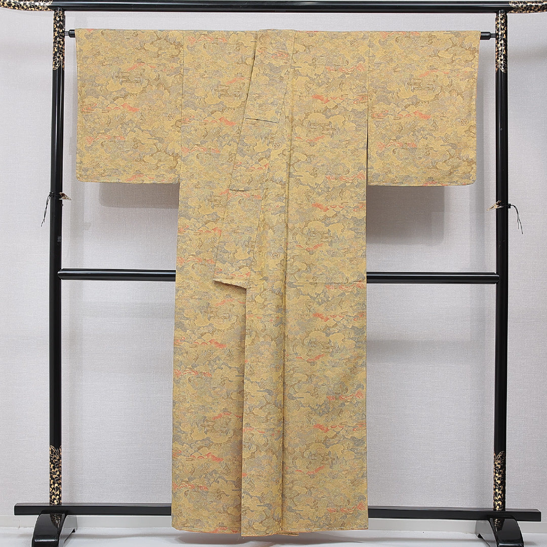 紬 袷 身丈156cm 裄丈64cm 正絹 Sランク カジュアル 広衿 Mサイズ 風景柄 緑系 RP 1223-15472
