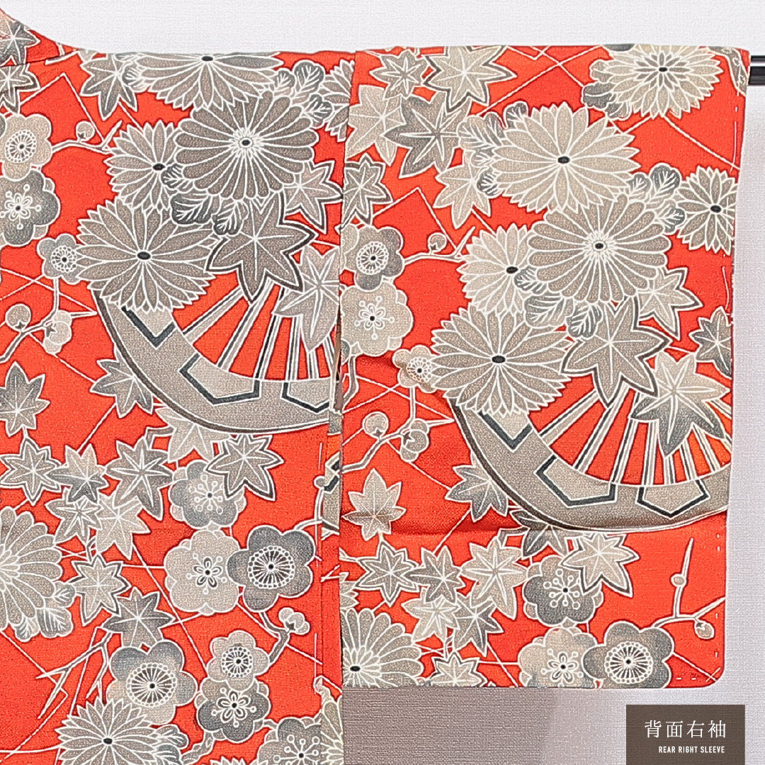 アンティーク 羽織 袷 身丈87cm 裄丈67cm 正絹 Bランク Mサイズ ちりめん 菊 赤系 1217-16813