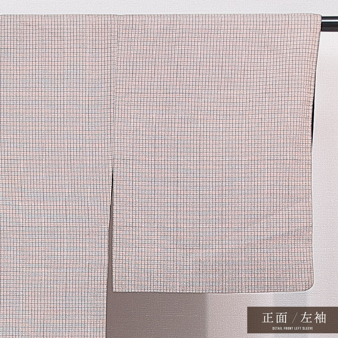 紬 袷 身丈151cm 裄丈62cm 正絹 Dランク Sサイズ 広衿 カジュアル 格子 グレー系 1216-15527