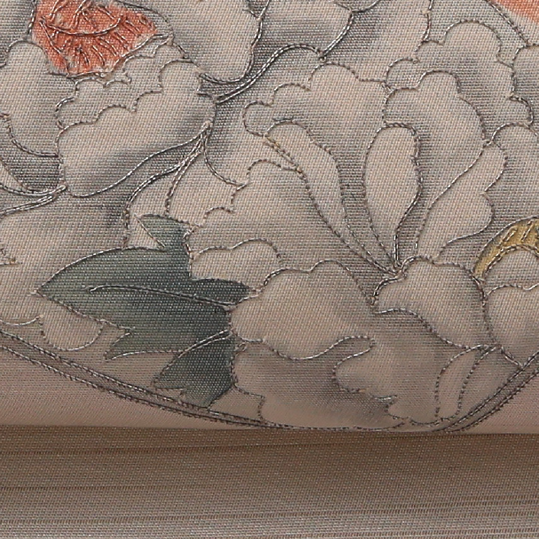 袋帯 帯丈424cm フォーマル 六通 Cランク 正絹 鳥 扇 菊 クリーム系 グレー系 1223-01885