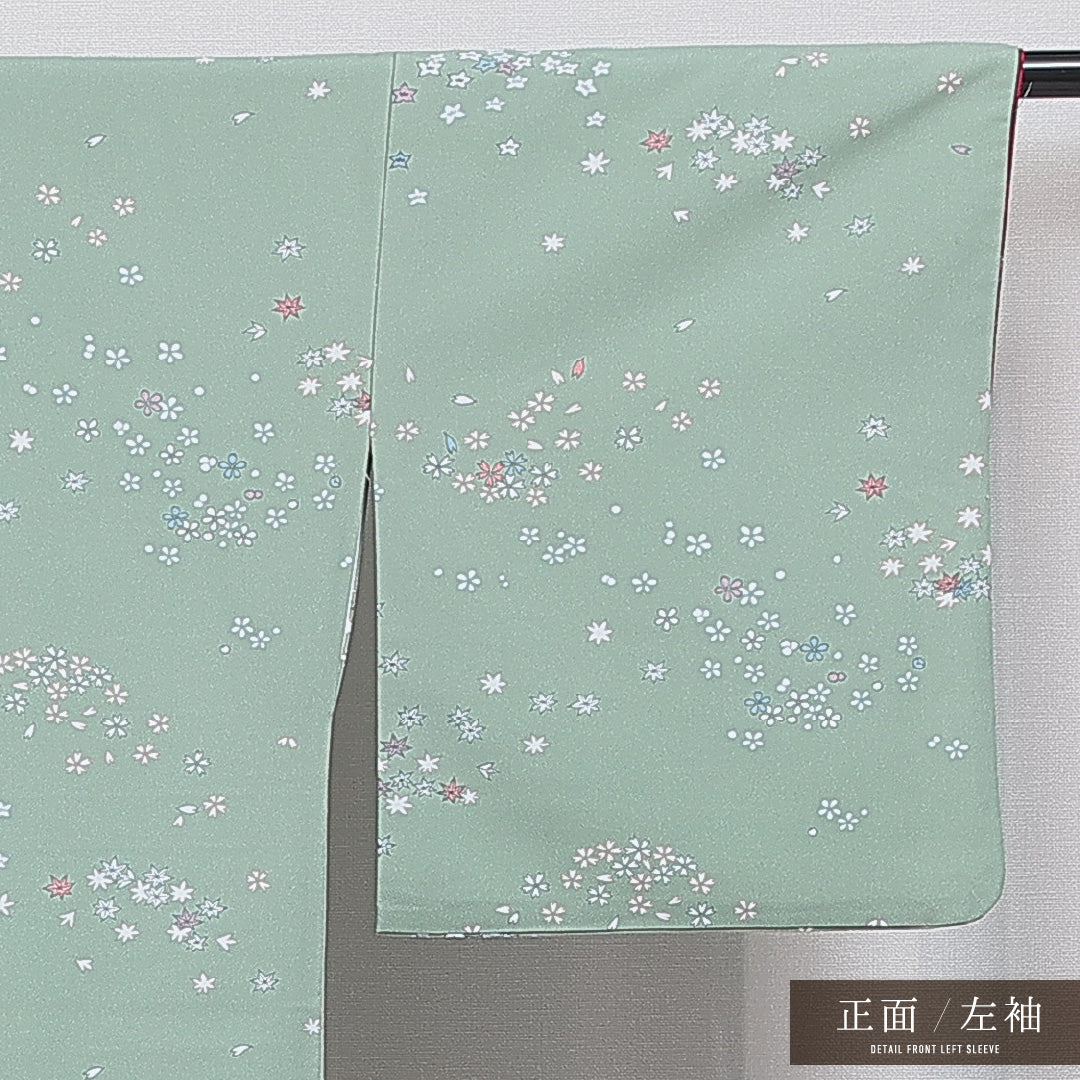 洗える着物 小紋 袷 身丈165cm 裄丈66cm ポリエステル Bランク インフォーマル 広衿 XLサイズ 桜 緑系 RP 1221-16106