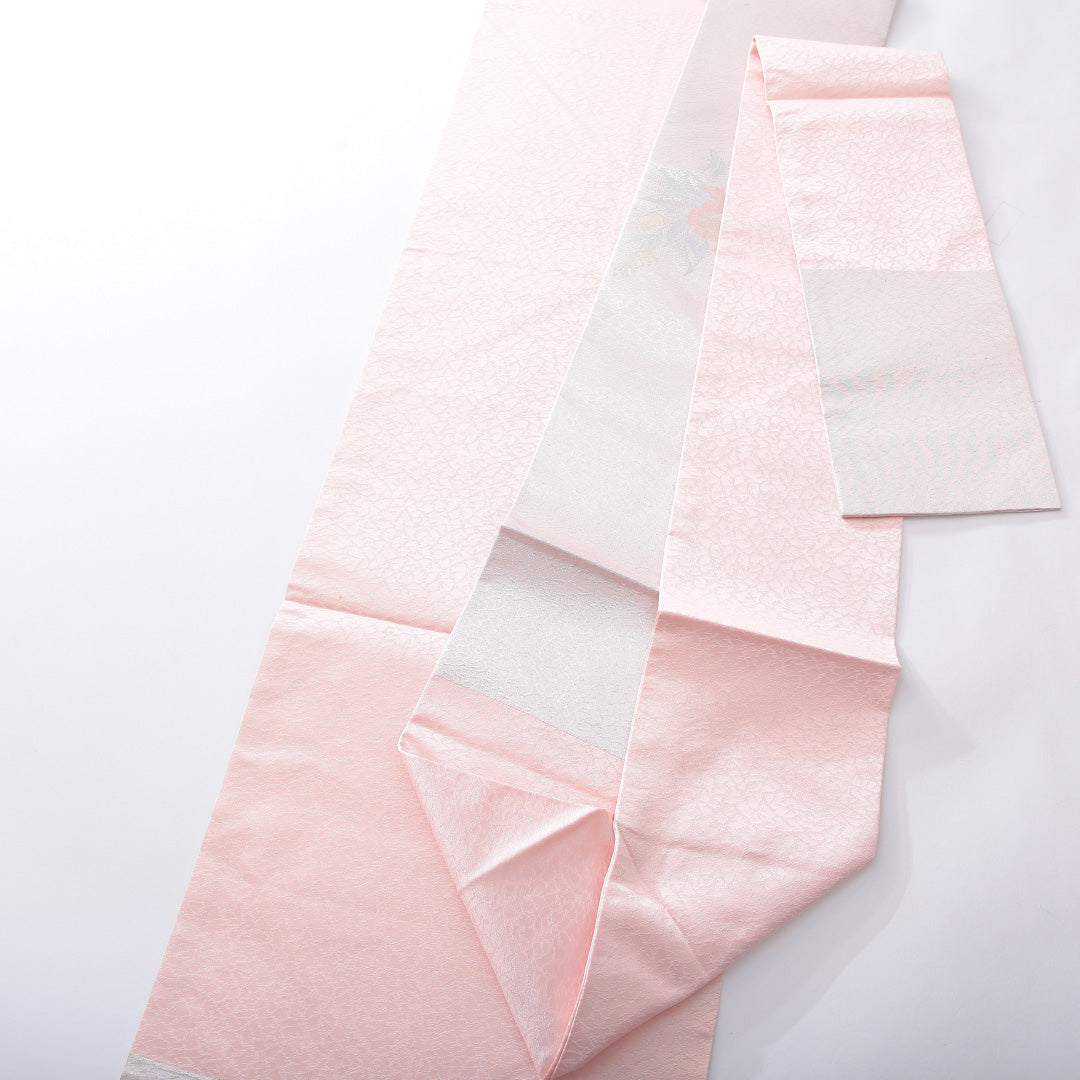 九寸名古屋帯 帯丈355cm インフォーマル 名古屋仕立て ポイント柄 Aランク 正絹 花柄 ピンク系 銀系 1224-03911