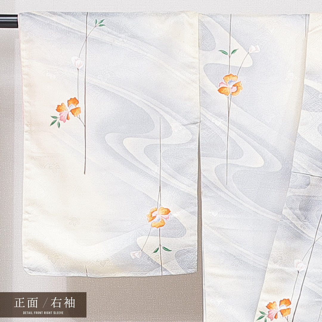 小紋 洗える着物 袷 身丈160cm 裄丈63cm ポリエステル Cランク Lサイズ 広衿 インフォーマル 青海波 花柄 クリーム系 1215-15832